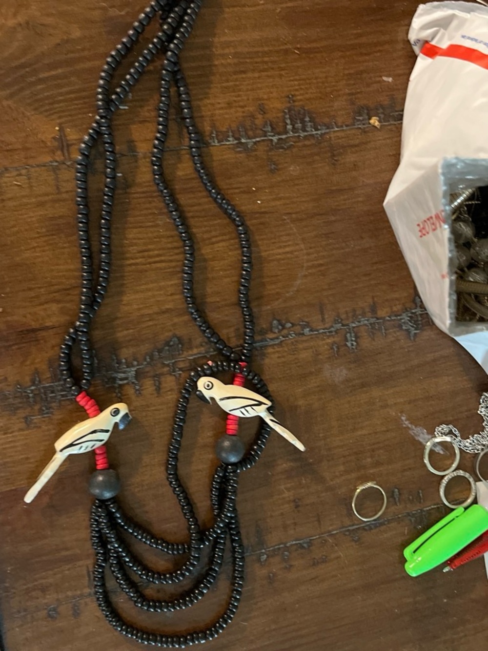 Handcrafted Black Beaded Necklace with White Bird Accents 1778